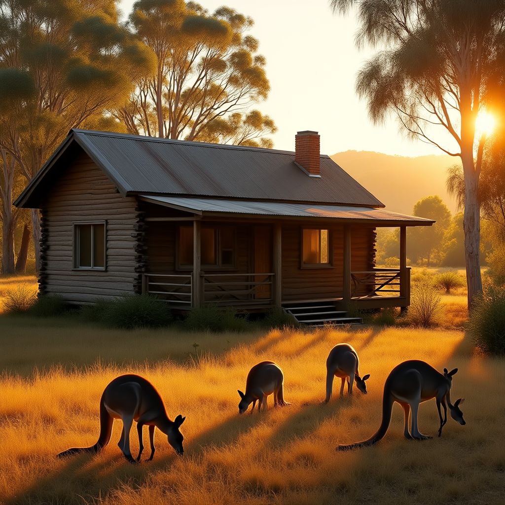 A rustic cabin in the Australian bush with kangaroos nearby.